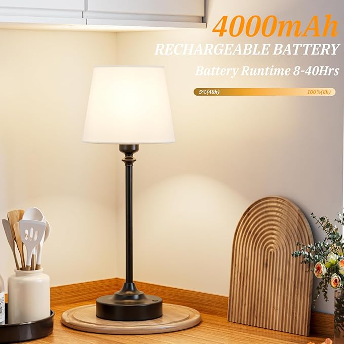Kakanuo Cordless Table Lamp Rechargeable Black - 1 Pack 4000mAH Battery Operated Lamp for Decor, 3000K Stepless Dimming Touch Control Wireless Lamp for Bedroom, Dining Table, Kitchen, Living Room