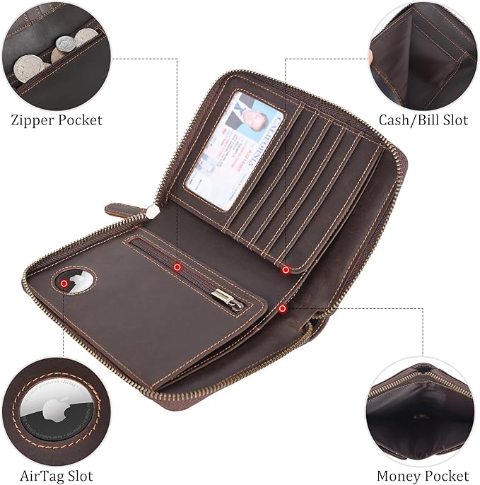 Polare Full Grain Leather Travel Passport Wallet with YKK Zipper and RFID Blocking Document Organizer Holder 2 Passports (Dark Brown with AirTag Slot)