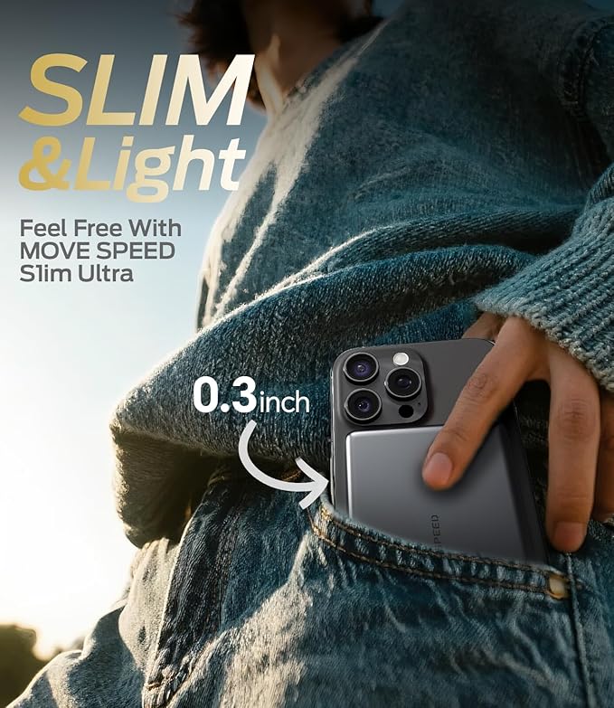 MOVE SPEED 0.3'' Ultra Slim MagSafe Portable Charger, 5000mAh Magsafe Battery Pack iPhone 17 Air Accessories, Magnetic Power Bank with USB C Port for iPhone 17 Pro Max Air/16/15/14/13/12, Glacier Gray