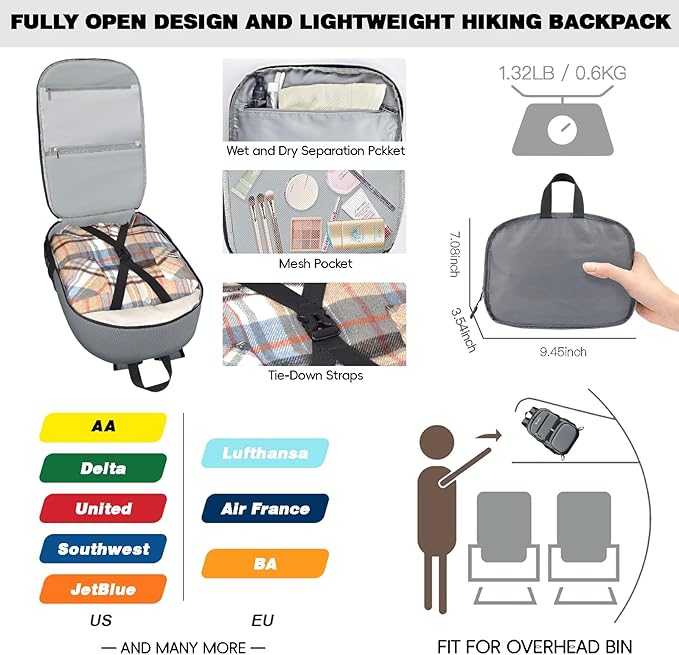 Seektop 40L Hiking Backpack Foldable Daypack for Women Men, Lightweight Travel Backpack Carry on Flight Approved for Camping School Work Business Leisure (Gray)