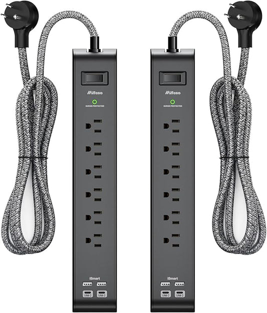 2 Pack Surge Protector Power Strip with 6 Outlets 4 USB Ports 5-Foot Long Heavy-Duty Braided Extension Cords Flat Plug 900 Joules 15A Circuit Breaker Wall Mount for Home Office ETL Listed