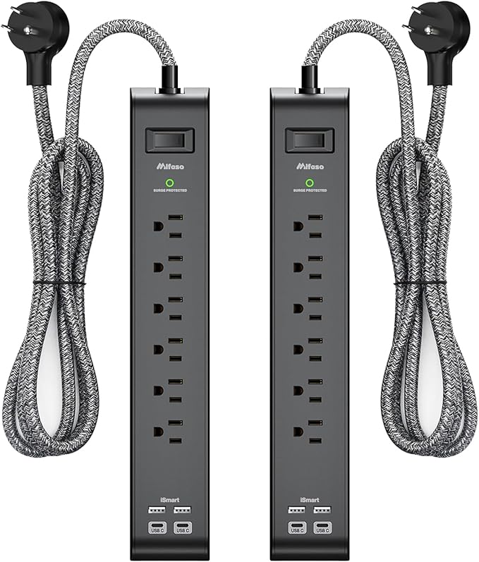 12FT Long Power Strip Surge Protector - with 6 Outlets 4 USB Ports, Heavy-Duty Braided Extension Cord, Flat Plug, 900 Joules, 15A Circuit Breaker, Wall Mount for Home Office (2 Pack)