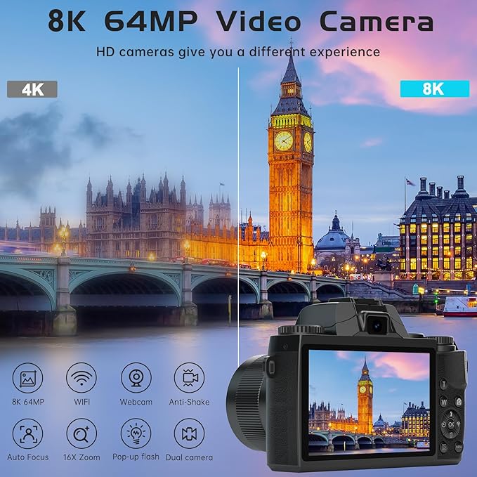 8K Digital Camera for Photography, WiFi Touchscreen Vlogging Cameras for YouTube with Autofocus,16X Digital Zoom Video Camera with 3000mAh Battery, Dual-Lens, Lens Hood, 32GB TF Card,Black
