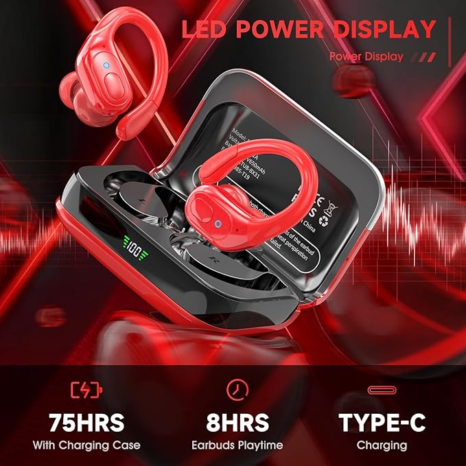 Wireless Earbuds Bluetooth 5.4 Headphones, Noise Canceling Ear Buds with 75hr Playtime, LED Power Display, IPX7 Waterproof Earphones Over-Ear Earphones for Sports/Workouts - Red
