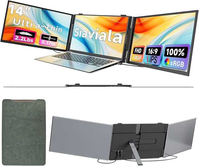 2025 Laptop Screen Extender 0.17" Ultra-Thin, 14" 1080P FHD IPS Portable Monitor, Triple Screen Laptop Monitor Extender for 13"-17" Laptops, Plug & Play for Mac/Android/Chrome