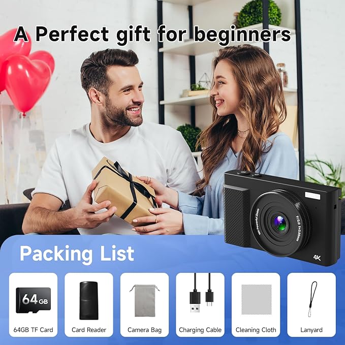 4K Digital Camera for Photography, 64MP Vlogging Video Camera for YouTube with 3'' 180°Flip Screen, 64GB Micro SD Card, 16x Digital Zoom,Point Shoot Compact Travel Vintage Cameras (Black)