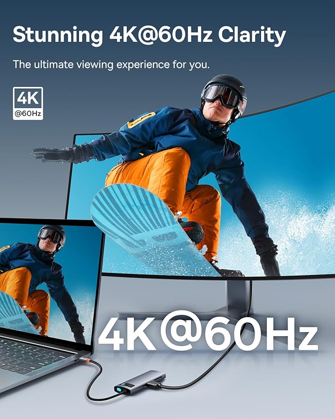 Baseus USB C to HDMI Adapter, 4K@60Hz USB C Docking Station, 7 in 1 USB C Hub with 3 USB-A, PD 100W, TF/SD Card Reader, Compatible for iPhone 15/Mac/Dell/Acer/HP/ASUS/Steam Deck/Rog Ally