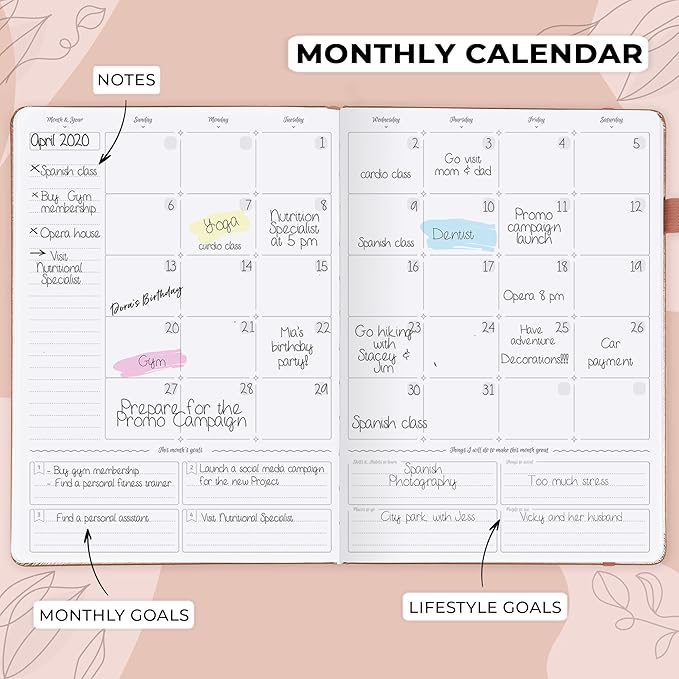 GoGirl Planner PRO Schedule - Undated Planner with Hourly Time Slots, Monthly, Weekly & Daily Organizer, Appointment Book for time Management, 7"x10" Hardcover, Lasts 1 Year - Dusty Pink