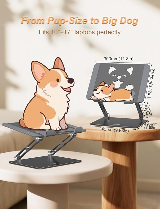 Laptop Stand for Desk – Adjustable Portable Laptop Riser, Aluminum Laptop Holder Compatible with MacBook Air Pro, Dell, HP, Lenovo (10"-17.3"), Featuring Unique Puppy Panel Design, Gray