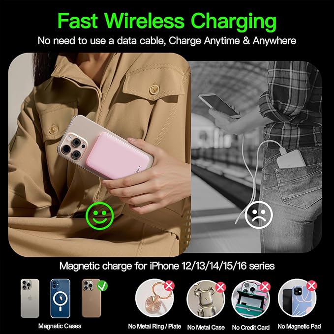 2025 Magnetic 15W Power Bank for iPhone,5000mAh Magsafe Battery Pack with 20w Fast Charging,Slim Magsafe Power Bank in&Out,with LED Display,Wireless Portable Charger for iPhone 16/15/14/13/12 Series