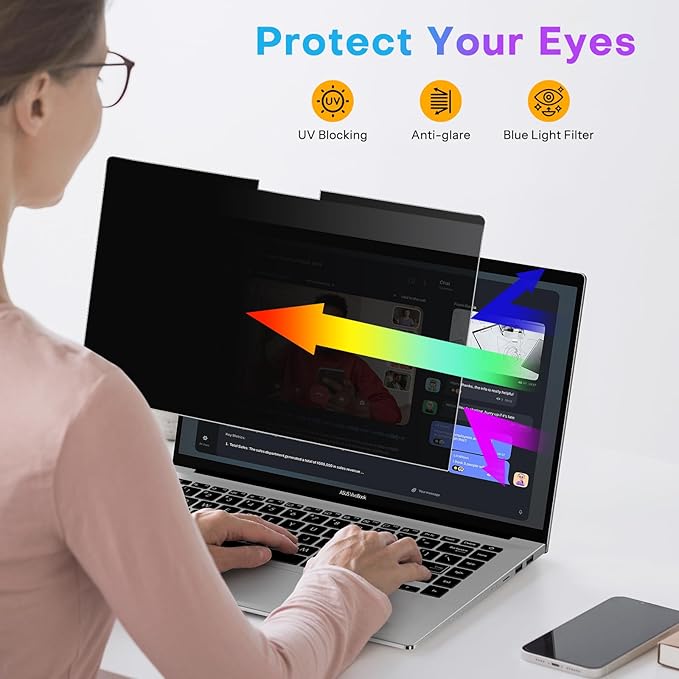 OMOTON Magnetic Laptop Privacy Screen 15.6 Inch 16:9, Anti-Spy Filter, Matte Anti Glare Blue Light Protector, Easy Install & Remove