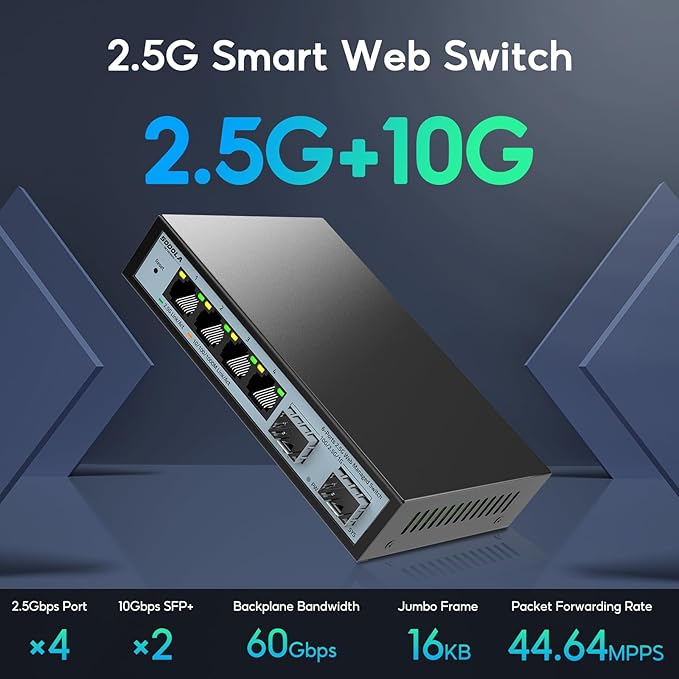 6 Port 2.5G Easy Web Managed Switch, 4 x 2.5G Base-T Ports, 2 x 10G SFP+, Static Aggregation,QoS/VLAN/IGMP, 2.5Gb Network Homelab Switch