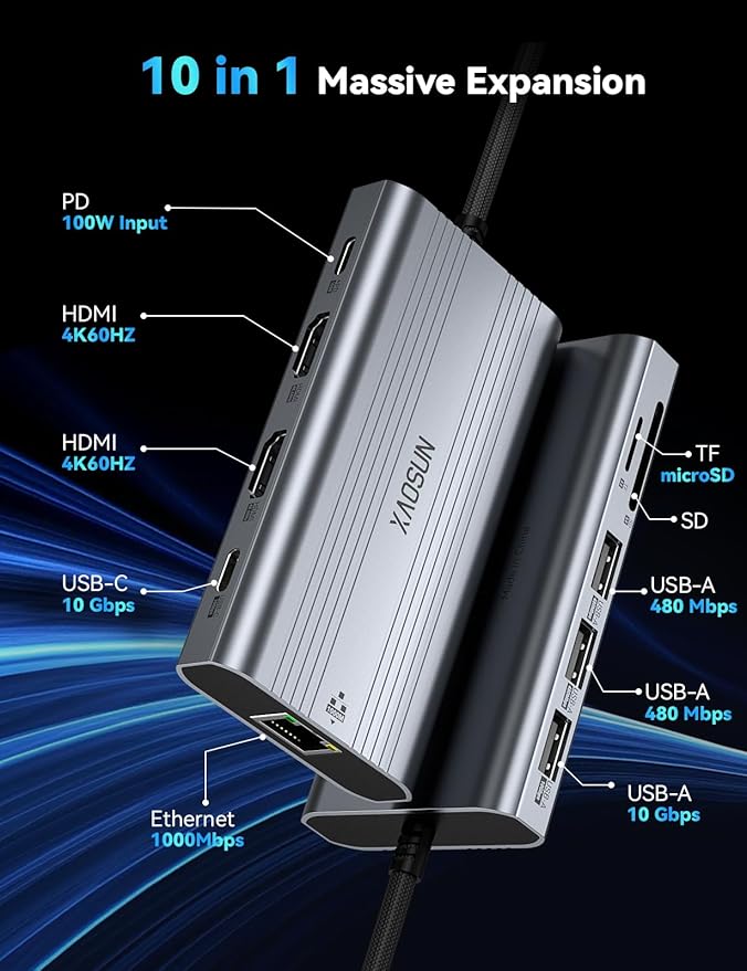 XAOSUN 10 in 1 USB C Docking Station Dual 4K Monitor, 10Gbps USB C HUB with 2 HDMI 4K@60Hz, USBC Dock with 10Gbps USB A and C, Gigabit Ethernet, PD 100W, SD/TF (microSD) for Lenovo/Mac/Dell/HP/XPS