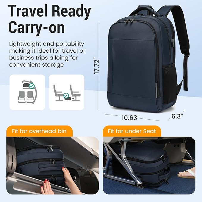 Business Laptop Backpack, 17.3 Inch Travel Laptop Bag Rucksack with USB Charging Port, Water-Resistant Bag Daypack for Work College Computer Men Women Backpack (Navy)