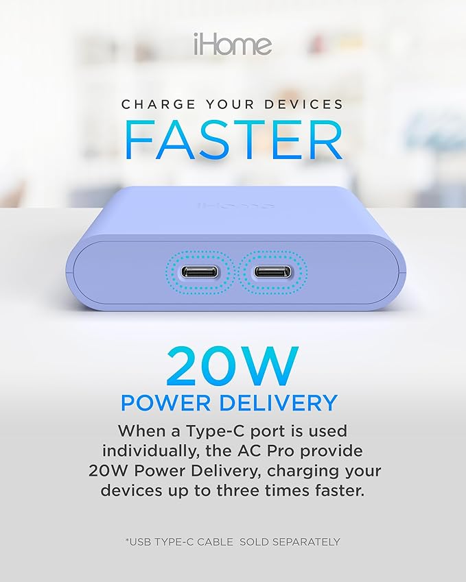 iHome Multiport 40W USB-C Charger, AC Pro 2-Port Flat Block, Dual Fast Charging Wall Adapter