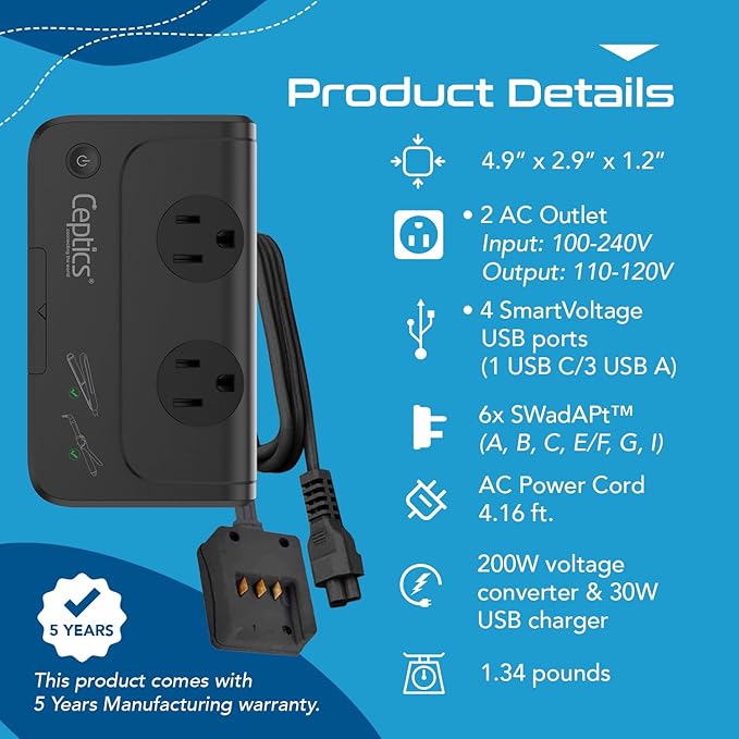 Ceptics - 6 in 1 Travel Adapter and Voltage Converter, 220V to 110V Converter with Surge Protection, Universal Adapter with Types A, C, G, I attachments & 4 USB PD 18W Fast Charging - Black