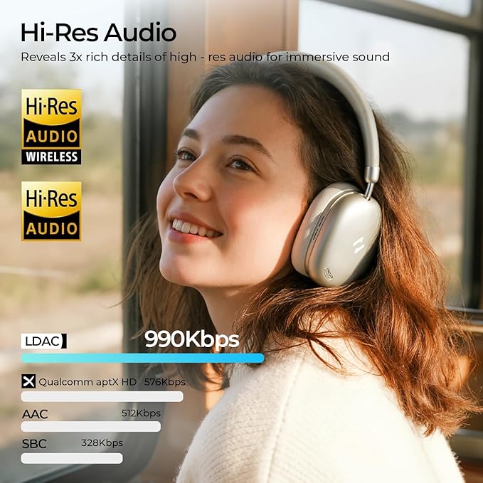 havit Hybrid Adaptive Active Noise Cancelling Headphones Wireless Space S1, Over Ear Headphones,Bluetooth 6.0, 100H Playtime, ENC, 3D Sound, Custom EQ via App, Travel, Office,Home,Gold