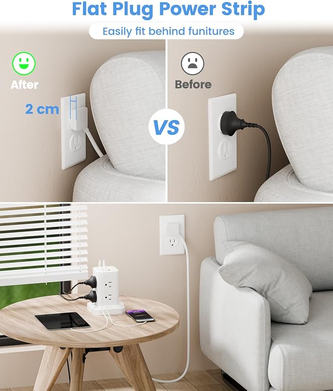 11-in-1 Power Strip Tower with Surge Protector 1800J, Fast Charging Tower PD20W USB-C Ports with 8 AC Outlets, 5ft Extension Cord for Home Office Dorm Room, White