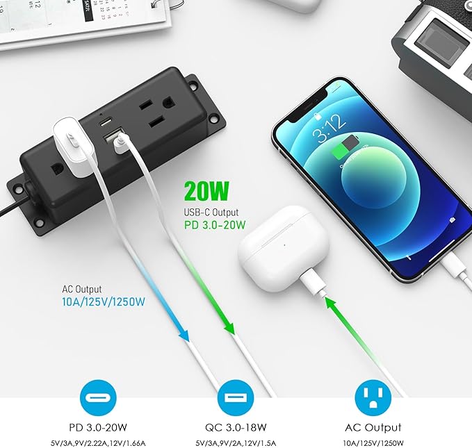 CCCEI 2 Pack Wall Mount Power Strip with USB Ports, Under Desk Mountable Power Strip with Outlets, 6FT Flat Plug Extension Cord Outlet, 20W USB-C Ports.