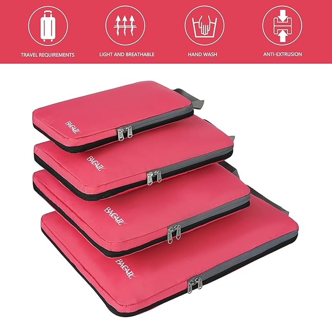 BAGAIL 4 Set/6 Set/8 Set Compression Packing Cubes Travel Accessories Expandable Packing Organizers (Cloth Pattern, 4-Coral)