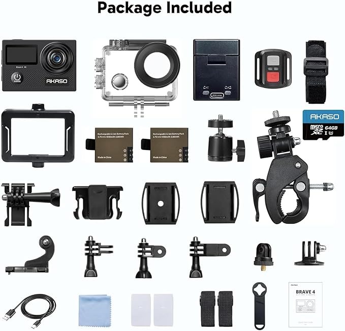 AKASO Brave 4 Action Camera 4K 30fps with 64GB MicroSD U3 Card Bicycle Helmet Accessories Kit Bundle, 20MP Ultra HD 131FT Waterproof Underwater Camera EIS WiFi Remote Control 5X Zoom Sport Cameras