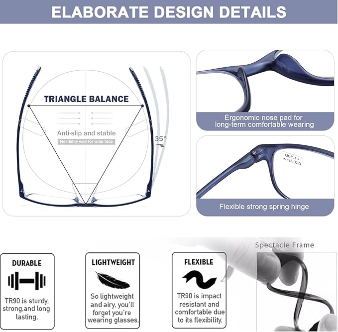 AQWANO Flexible Reading Glasses Men Women Computer Blue Light Blocking, 4 Pack Lightweight TR90 Frame Comfort Durable Readers Glasses, +1.25