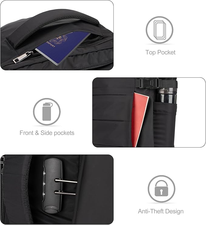 Tzowla 40L Travel Laptop Backpack for Men Women Carry on Flight Approved,Large Capacity Water Resistant Anti Theft Backpacks with USB Port,Business Causal Daypack Bag Fit 17.3"Computer/Notebook（Black)