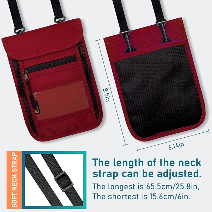 sundee Travel Neck Wallet with Double Zippers, RFID Blocking Passport Holder with Adjustable Neck Strap for Men and Women to Keep Cash, Credit Cards and Travel Documents Safe - Red