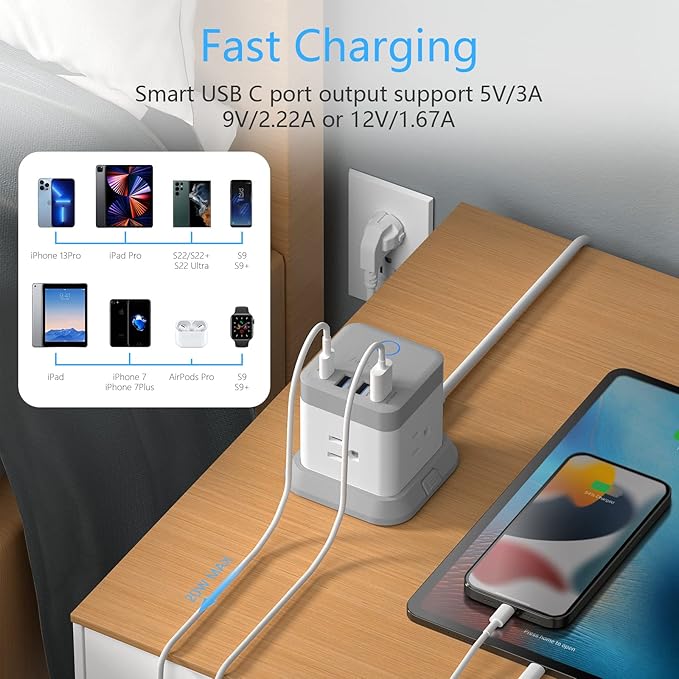 BESTEK European Travel Plug Adapter, Power Strip with USB C PD 20W and 3 USB Ports, 3 Side Wide Outlet Extender, 5ft EU Extension Cord, Detachable Base, Mountable Power Cube