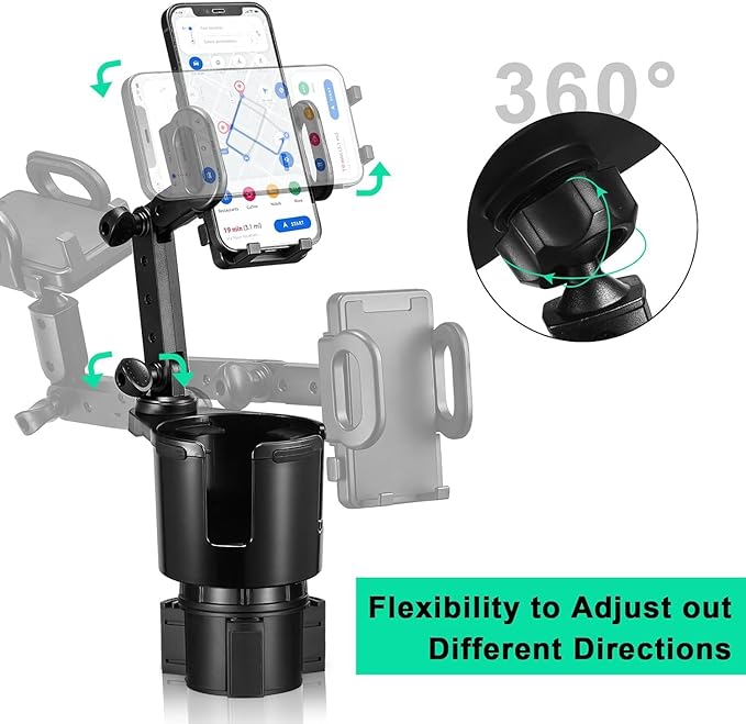 This Hill Car Cup Holder Expander Adjustable Base with Phone Mount 360° Rotation Cup Holder Cell Phone Holder for Car Compatible with iPhone All Smartphones