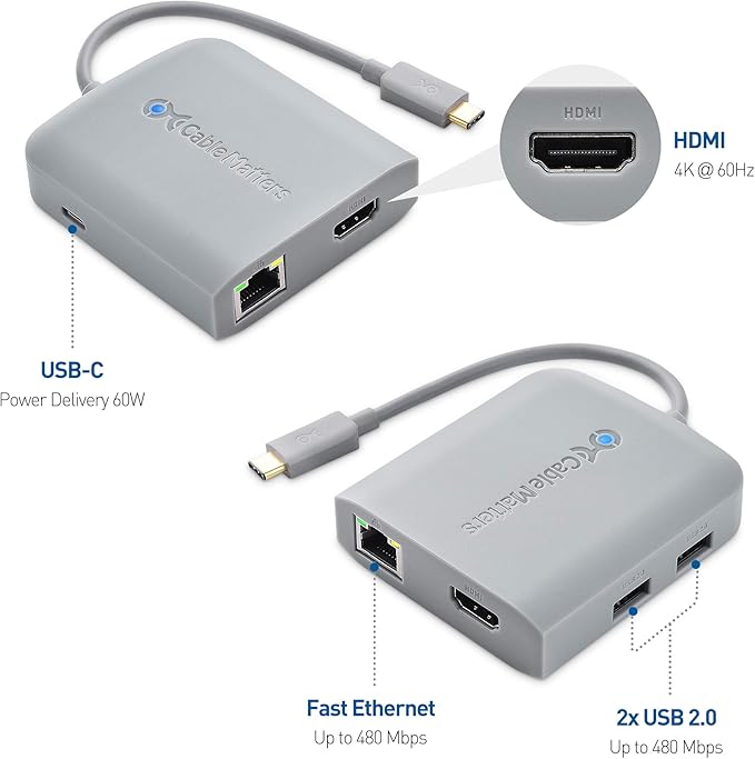 [Works with Chromebook Certified] Cable Matters USB C Hub Multiport Adapter with 4K HDMI, 2X USB 2.0, 480Mbps Ethernet, and 60W PD