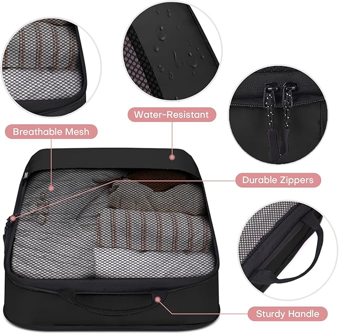 4 PCS Set Compression Packing Cubes for Travel, Lightweight Packaging Organizer Bags for Carry On Space Saving, Travel Essentials Cubes for Suitcase Backpack, Black