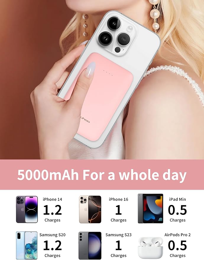 Power Bank, Slimmest 5000mAh Portable Charger with Built in USB-C Cables, USB C in&Out Charging Battery Pack, External Phone Powerbank Compatible with iPhone, Android, Pink