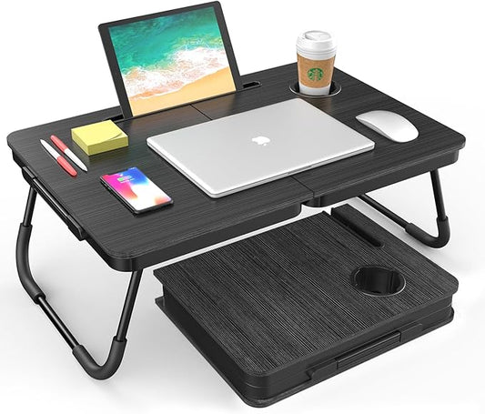 BUYIFY Portable Foldable Laptop Desk for Bed and Couch, Adjustable Lap Desk with Cup Holder and Phone Holder, Ideal for Working, Reading, Writing, and Breakfast (Black)