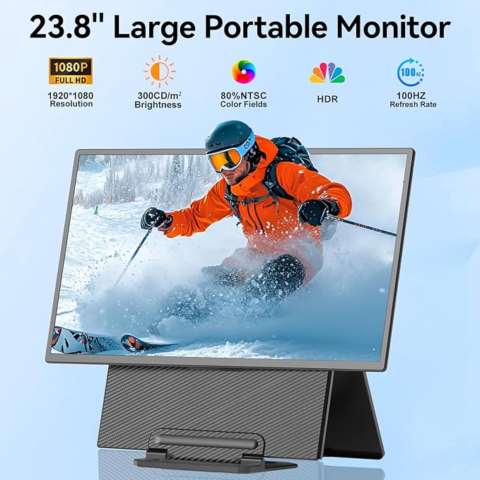 Portable Monitor 23.8" 100Hz for Work Gaming, 1080P FHD IPS Laptop Screen Extender with Rotable Stand & VESA, Laptop Monitor Extender USB-C HDMI Plug-Play for Mac Windows PS4/5 Switch Xbox Phone Pad