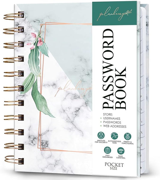 PLANBERRY Password Book Premium – Small Internet Address Organizer with A-Z Tabs – Pocket Website Password Keeper with Alphabetical Tabs – 4.7x5.7″, Hardcover (Natural Green)