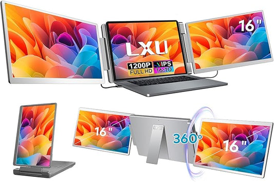 LXU 16-inch Portable Monitor for Laptop | 2025 New Upgraded 1200P 16:10 FHD Screen Extender | Plug-Play Laptop Extended Monitor | USB-C/HDMI Triple Display for 12~18.5" MacOS/Windows | 360° Rotatable