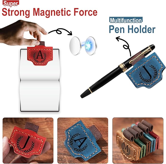 Personalized Bygone Mark Bookmark with Pen Holder, Leather Magnetic Bookmark 26 Letters Name Initial Bookmarks for Readers, Book Lover Gifts for Women Men Notebook Accessories (Brown, E)