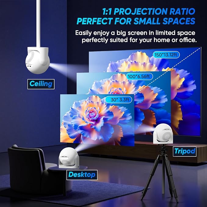 Mini Projector with WiFi and Bluetooth Auto Focus & Vertical Keystone Smart Portable Projector Android 13 with Built in Apps 1080P HD 4K Support w/ HDMI/USB Supported Home Movie Projector (White)