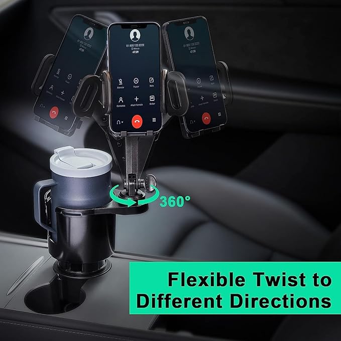This Hill Car Cup Holder Expander Adjustable Base with Phone Mount 360° Rotation Cup Holder Cell Phone Holder for Car Compatible with iPhone All Smartphones