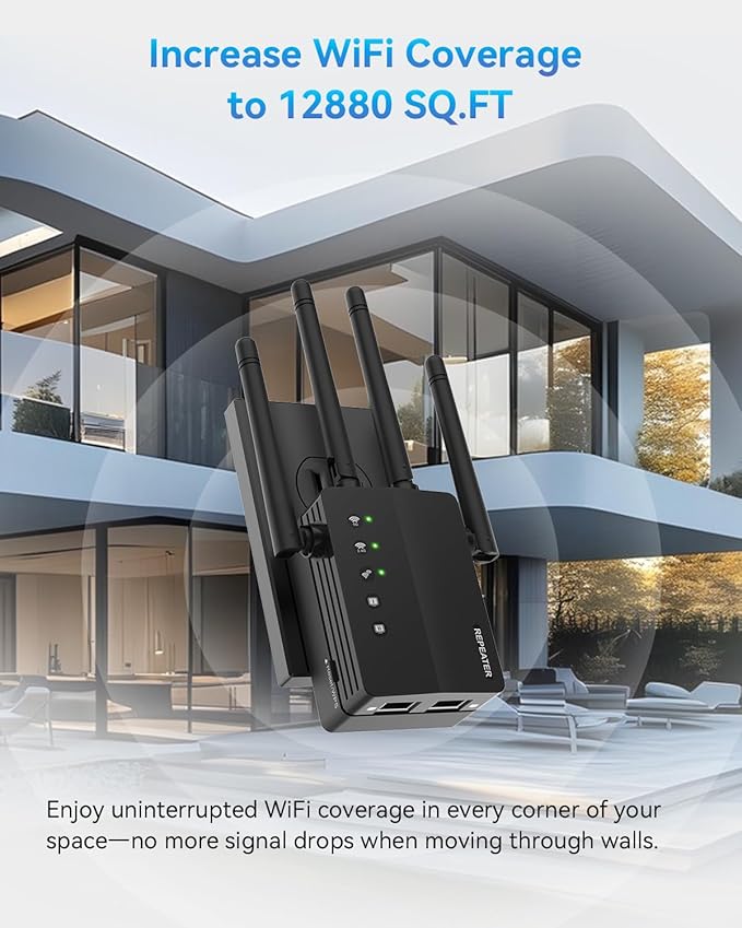 WiFi Booster, 1200Mbps WiFi Extender Signal Booster for Home, 12880 Sq Ft Coverage, 105 Devices, Dual Band 2.4/5GHz Internet Extender WiFi Booster