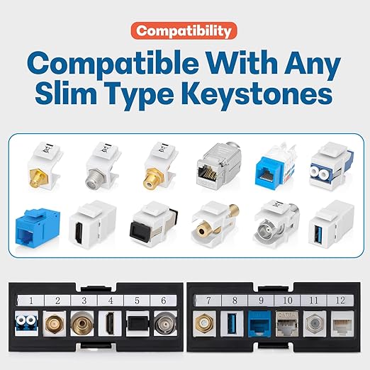 Everest 24 Port Keystone Patch Panel (1-Pack) - Removable 6-Port Panels - Use with Slim Profile Keystones ONLY (Wider Jacks May not fit Side by Side) - 8 Blank Keystone Jack Inserts Included