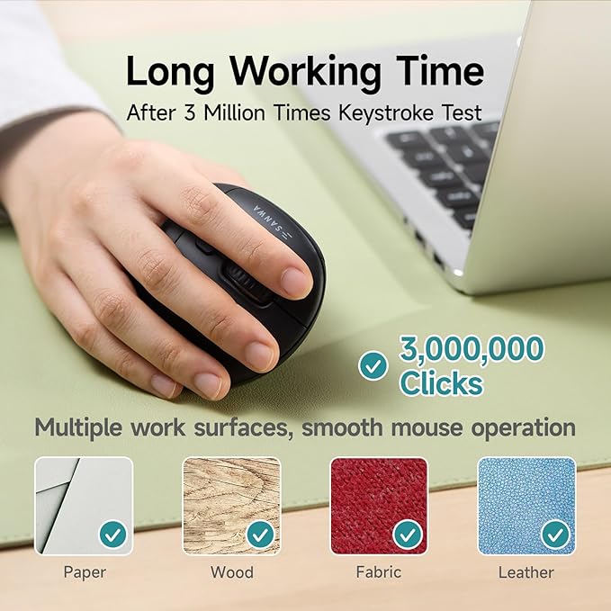 SANWA Multi Device Ergonomic Vertical Mouse, Silent Click, 5 Programmable Buttons, 2 Bluetooth 5.0 + 2.4G Wireless Ergo Mice for Medium Large Hands, Compatible with Windows, Mac OS, Laptop, PC, Black
