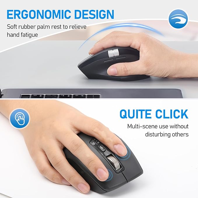 Wireless Bluetooth Side Scroll Mouse with Multi-Device, Ergonomic Computer Mice with Smart Flying Scroll, Quiet Click for Computer, Laptop, iPad, Tablet, MacBook (Grey)