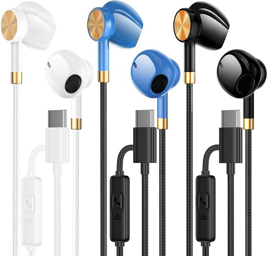 USB C Headphones Earbuds 3 Pack - USB C Earphones Noise Isolating, in-Ear Type C Ear Buds Wired with Microphone Heavy Bass Compatible with Phones, Android and Other Interfaces (Type C)