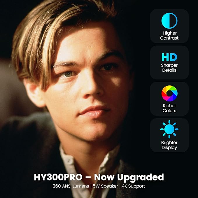 Mini Portable Projector with WiFi and Bluetooth, 4k 1080P Video Projector Support 5w Sound Base Speaker, 200 ANSI, 210° Rotation, Auto Vertical Keystone for Home Bedroom Outdoor, HY300 Ultra