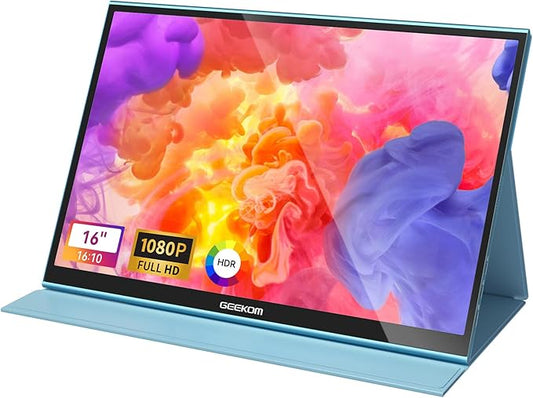 GEEKOM Portable Monitor（2025）, 16'' 1200P FHD Laptop Monitor USB C HDMI Computer Display HDR Eye Care External Screen w/Smart Cover for PC Mac Laptop Phone