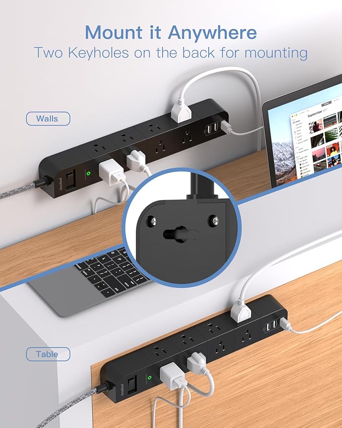 One Beat 10 ft Extension Cord,Power Strip Surge Protector 8 Widely AC Outlets 3 USB,Flat Plug,Desktop Charging Station with Overload Protection,Wall Mount for Home,Office,Computer ETL Listed,Black