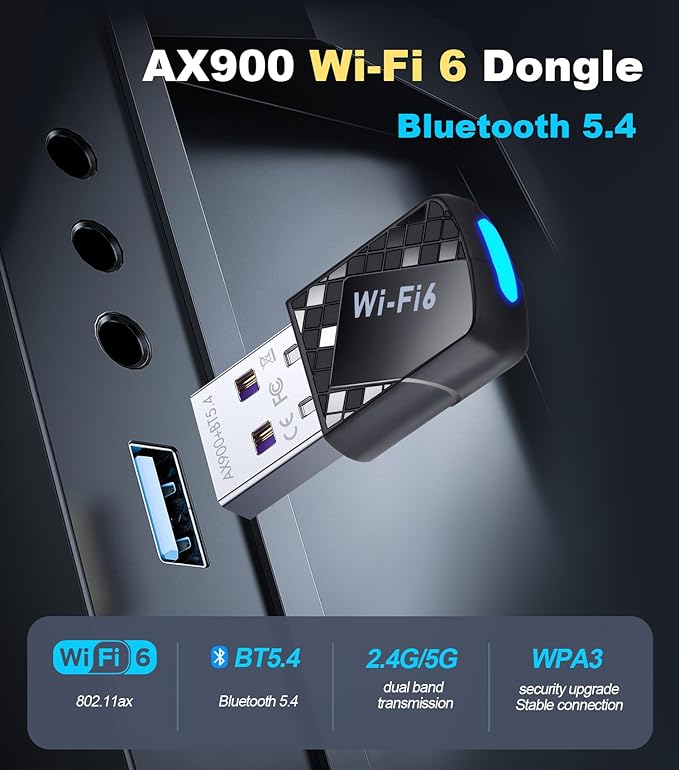 USB Wi-Fi Adapter,WiFi 6 & Bluetooth Adapter for Laptop PC - 900Mbps Wireless Dongle, 5G/2.4GHz Dual Band, Built-in Driver for Desktop/Laptop/PC,WPA3,BT5.4 Supports Windows 7/10/11