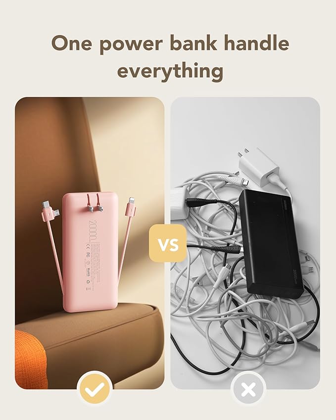 charmast 20000mAh Portable Charger with Wall Plug, Fast Charging Power Bank USB C, 20W PD Battery Pack with Built-in Cables Travel Essential for iPhone 16/15/14, Samsung, iPad More Devices (Pink)